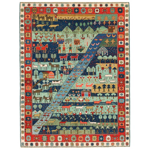 村のテーマのアゼリ民族の生活絨毯 Village Theme Azeri Folk Life Rug