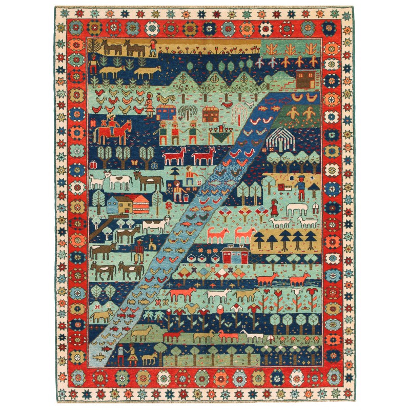 村のテーマのアゼリ民族の生活絨毯 Village Theme Azeri Folk Life Rug