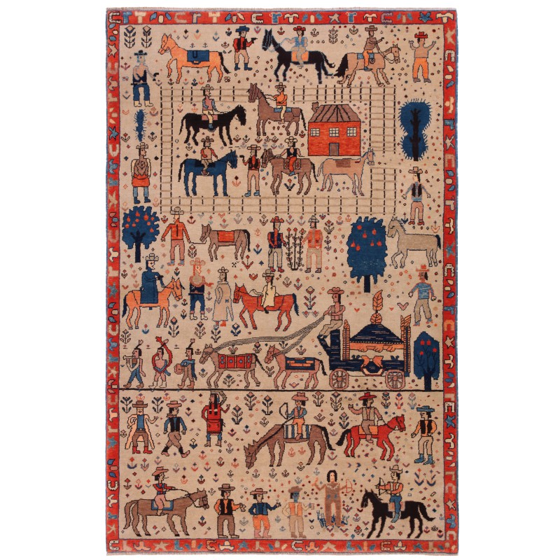 ウエスタンテーマのアゼリ・フォークライフ絨毯 Western Theme Azeri Folk Life Rug