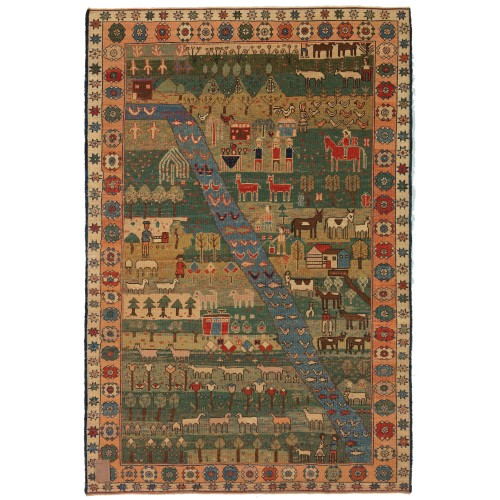 村のテーマのアゼリ民族の生活絨毯 Village Theme Azeri Folk Life Rug